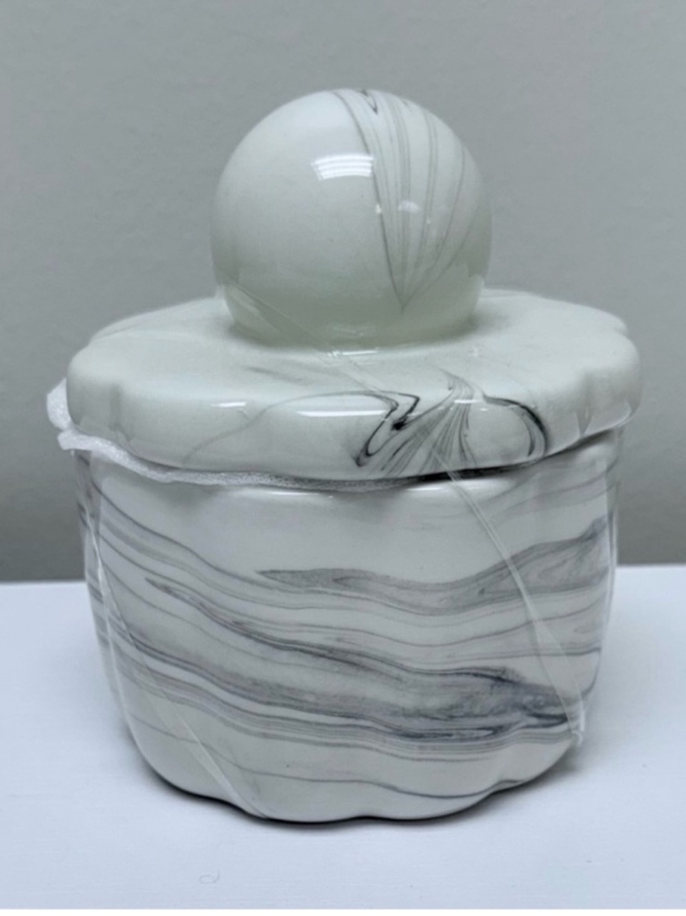New! Ceramic Jar w/ Lid, Black & White Marble Finish